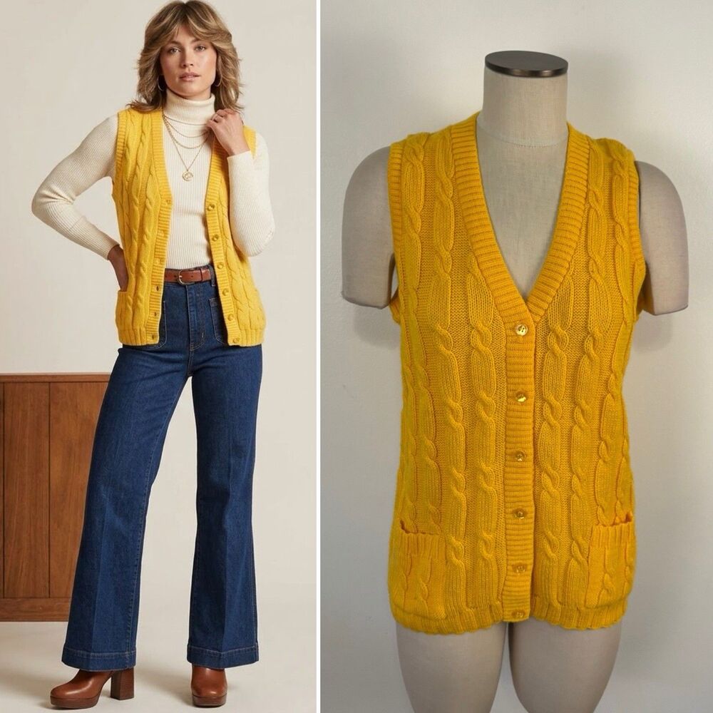 VTG Garland M Sweater Vest 100% Virgin Wool Cable Knit Yellow Button Up Cardigan